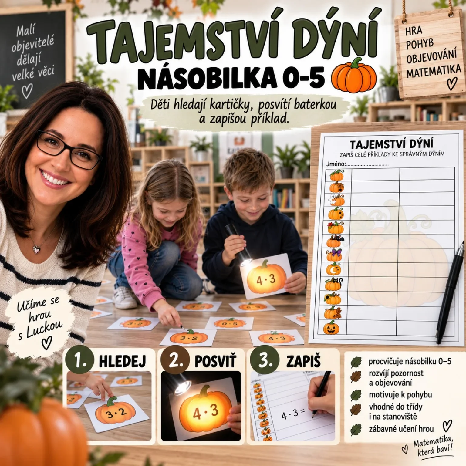 Tajemství dýní – násobilka 0–5 s baterkou