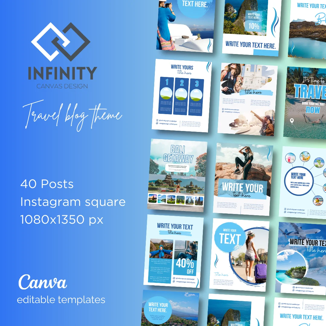 40 Travel Blog Instagram Feed posts - Canva editovatelná šablona